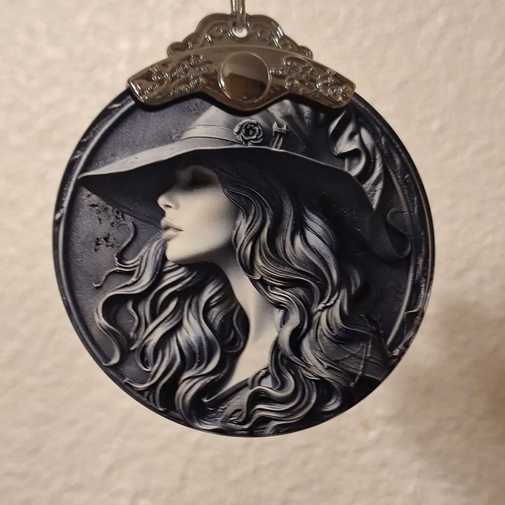 Goth Black and Silver Witch Glass Ornament